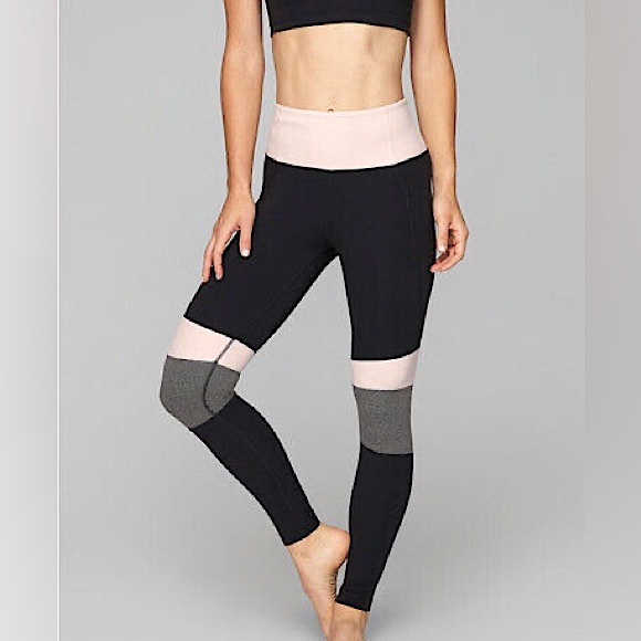 🩷ATHLETA MODBLOCK PINK BLACK SALUTATION TIGHTS LEGGINGS HIGH RISE SIZE SMALL - Picture 1 of 8